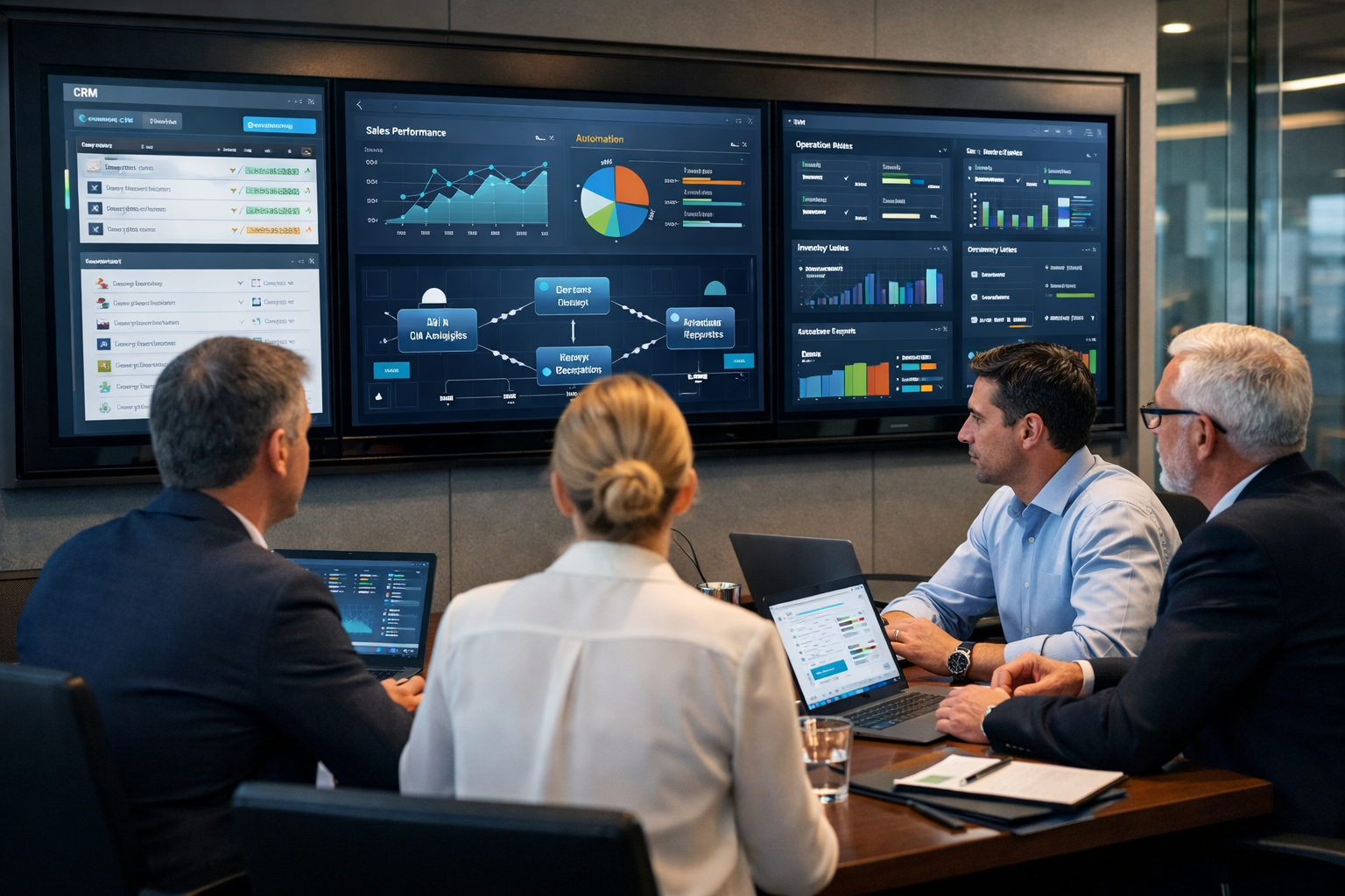 business operations team reviewing dashboards powered by private AI agents connected to internal company systems